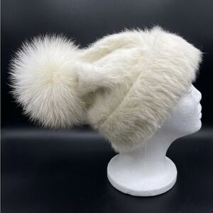 AVU LE VU Slouchy Beanie Hat Real Angora Rabbit Hair, Real Fox Pom Pom White